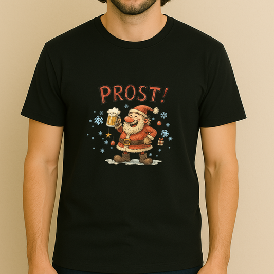 PROST! T-Shirt – Weihnachtsmann mit Bierkrug, lustiges Weihnachts Shirt (Unisex)