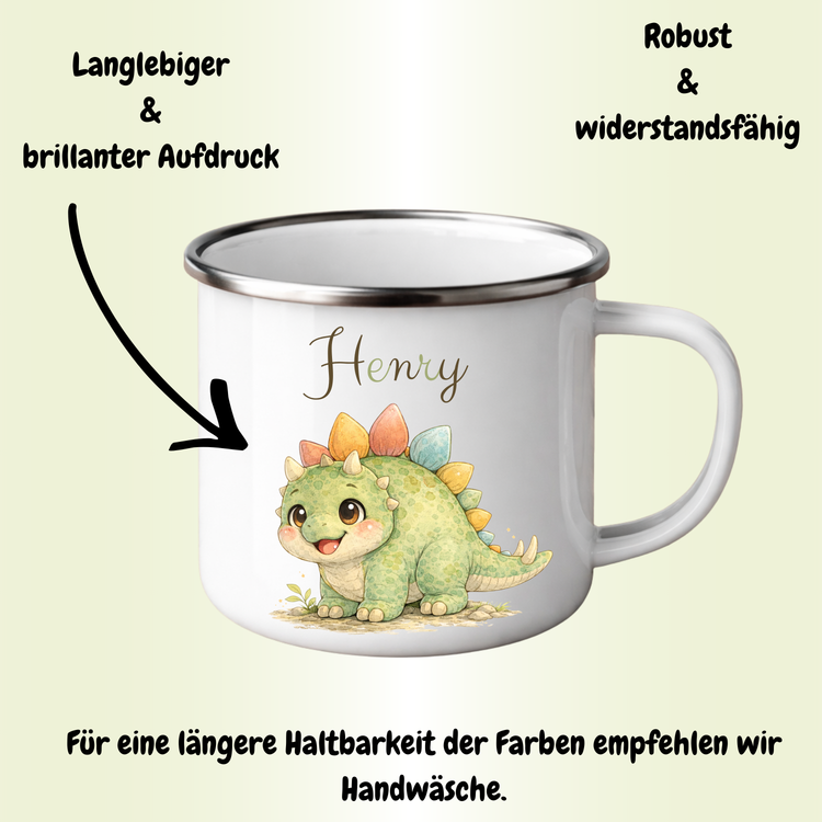 Dinosaurier Emaille Becher personalisiert mit Namen Henry, liebevolles Kinder Tassen Set fuer Jungen und Maedchen