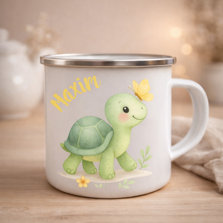 Personalisierte Emaille Tasse Maxim mit Schildkroete und Schmetterling, liebevoller Namensbecher fuer Kinder als Geschenkidee