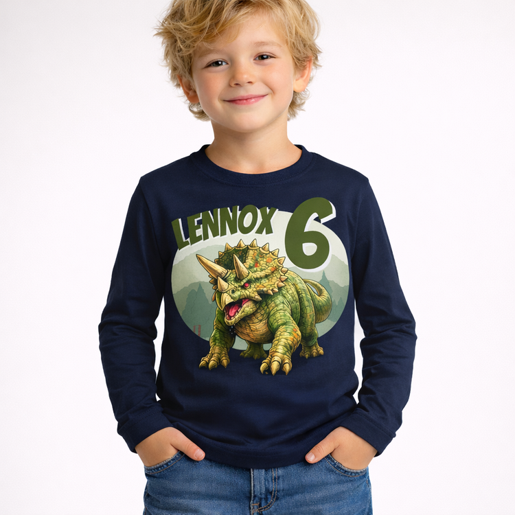 personalisiertes dino shirt kinder geburtstag triceratops name alter navy langarmshirt