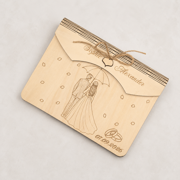 Personalisierter Geldumschlag zur Hochzeit aus Holz mit Brautpaar unter Regenschirm, Namen und Datum als stilvolles Geldgeschenk im Flatlay
