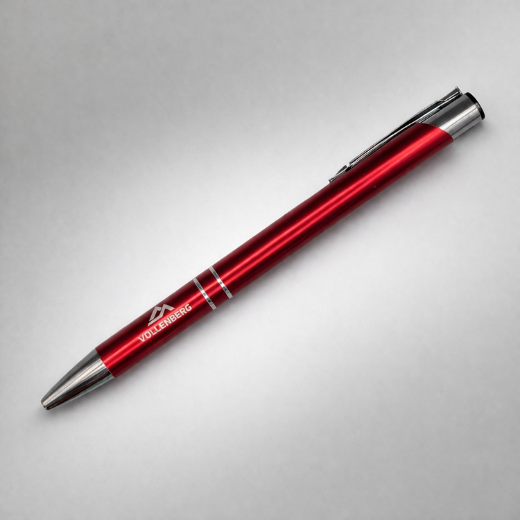 Roter Metall Kugelschreiber mit Gravur VOLLENBERG in Frontansicht, eleganter Werbekugelschreiber personalisierbar als hochwertiges Firmengeschenk