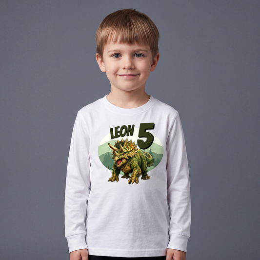 Triceratops Langarmshirt Kinder – Geburtstagsshirt mit Name & Zahl