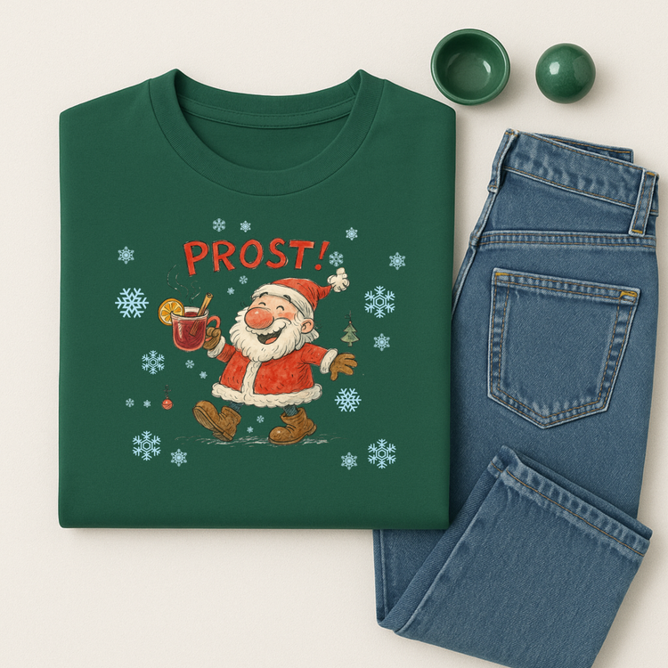Lustiges Weihnachts T-Shirt – PROST! Santa mit Glühwein (Unisex)