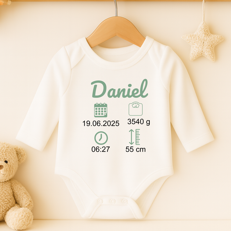 Personalisiertes Baby Body mit Namen & Geburtsdaten – Kurz- oder Langarm