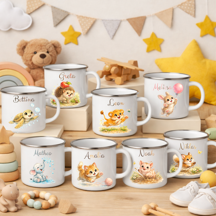 Personalisierter Kinder Emaillebecher mit Tiermotiv & Name – Geschenk für Kinder