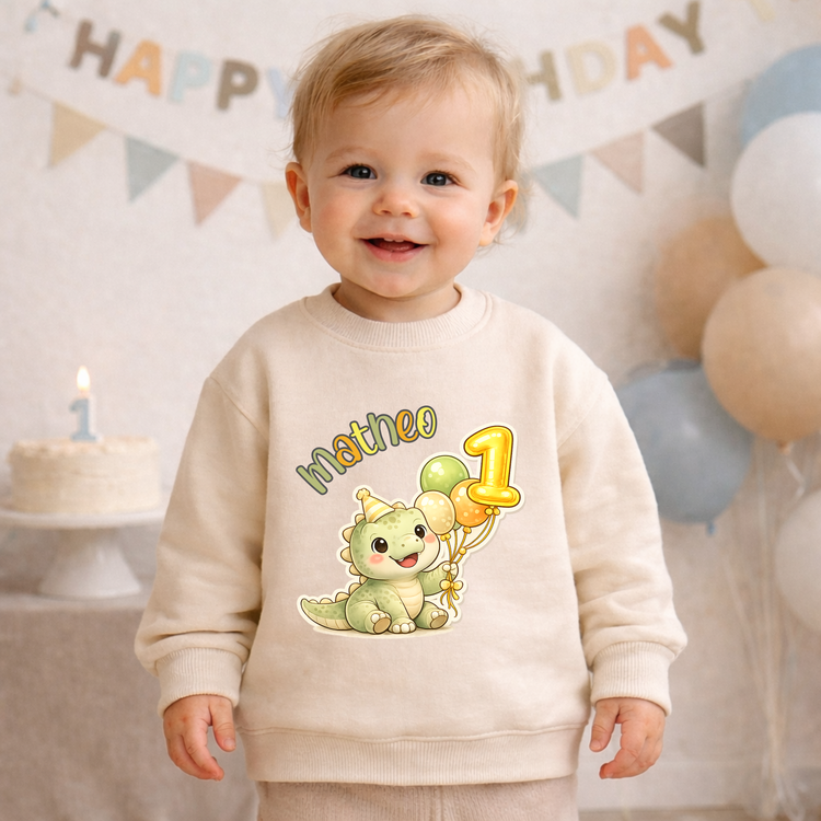 Personalisierter Kinderpullover mit Dino und Namen zum Geburtstag