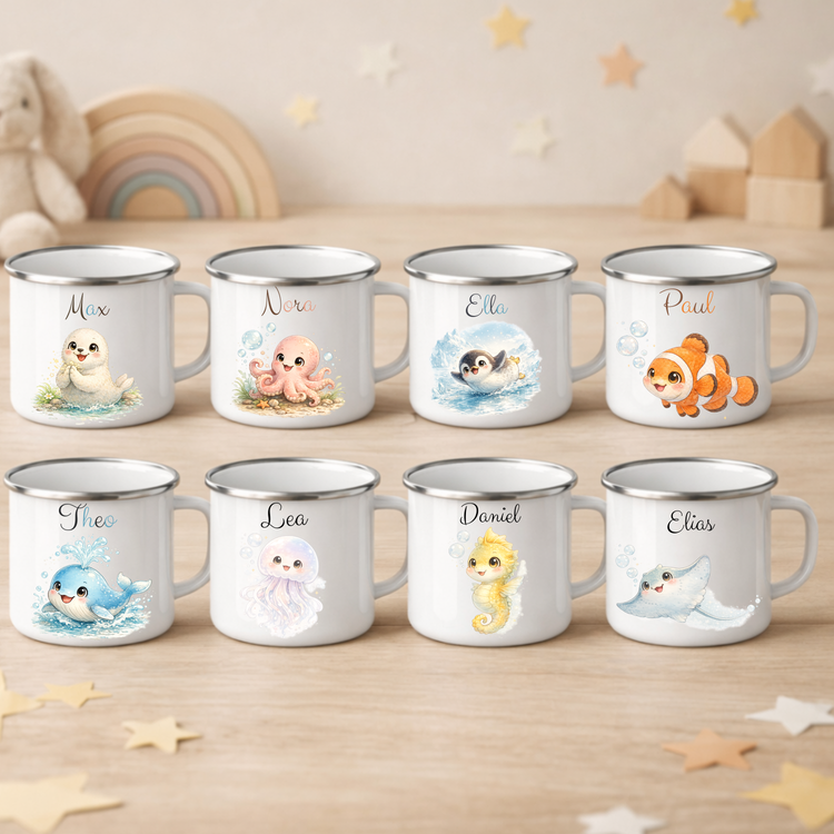 Personalisierter Kinder Emaillebecher Meerestiere & Name – Geschenk für Kinder