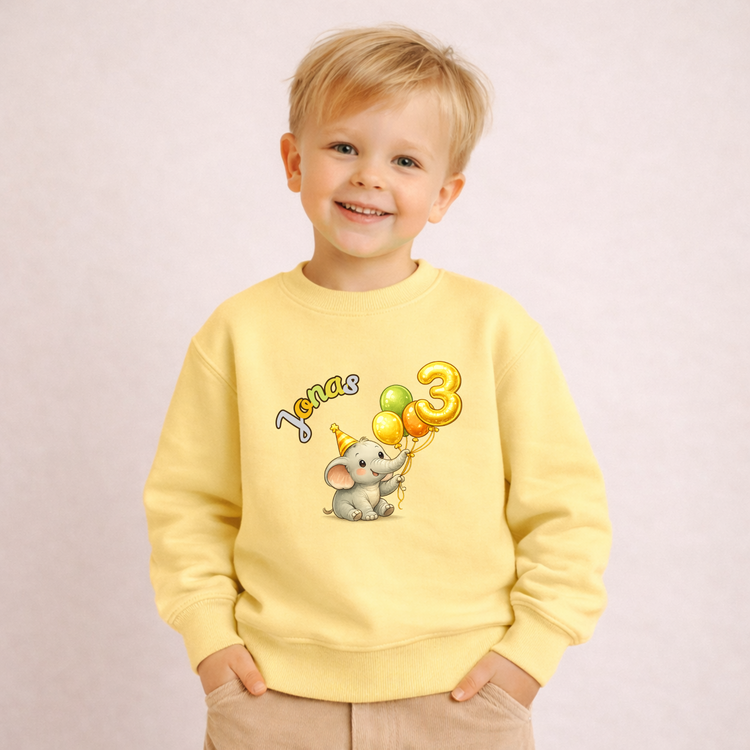 Kinder Geburtstagspullover personalisiert – Elefant & Zahl