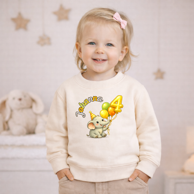 Kinder Geburtstagspullover personalisiert – Elefant & Zahl