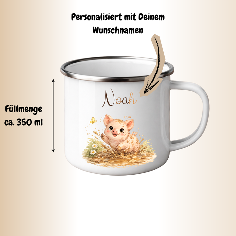 Personalisierter Kinder Emaillebecher mit Tiermotiv & Name – Geschenk für Kinder