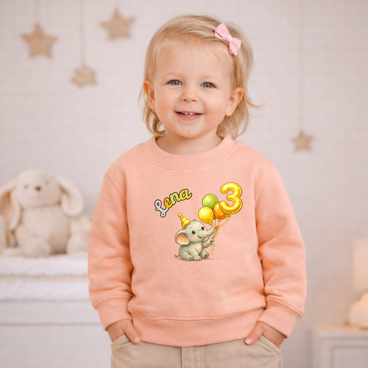 Kinder Geburtstagspullover personalisiert – Elefant & Zahl