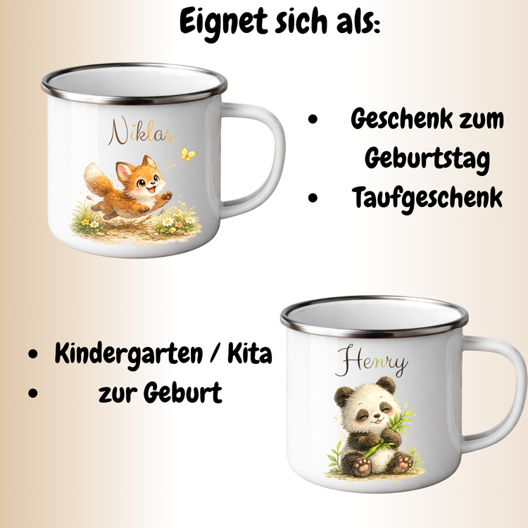 Personalisierter Kinder Emaillebecher mit Tiermotiv & Name – Geschenk für Kinder