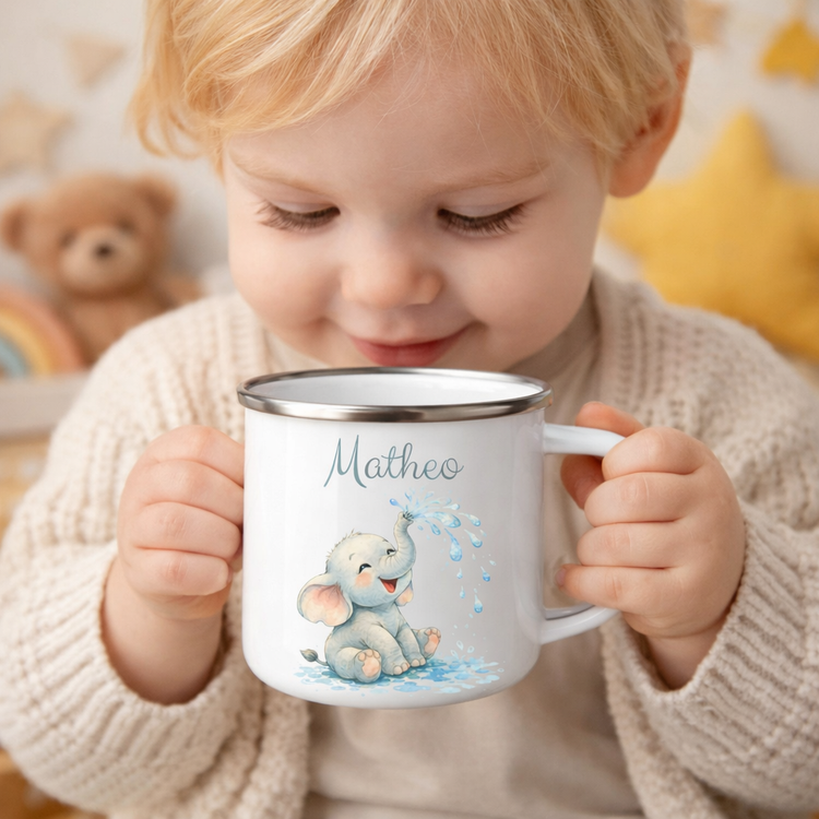 Personalisierter Kinder Emaillebecher mit Tiermotiv & Name – Geschenk für Kinder