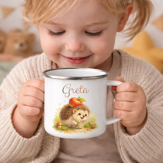 Personalisierter Kinder Emaillebecher mit Tiermotiv & Name – Geschenk für Kinder