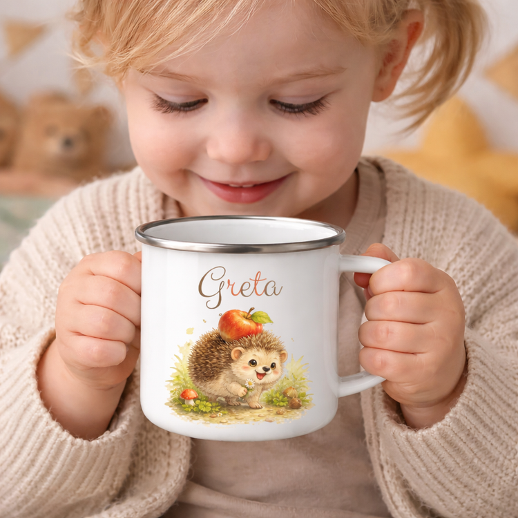 Personalisierter Kinder Emaillebecher mit Tiermotiv & Name – Geschenk für Kinder