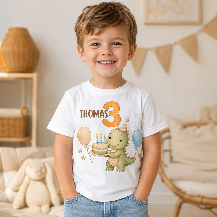 Personalisiertes Baby/Kinder T-Shirt zum Geburtstag – Dino Motiv