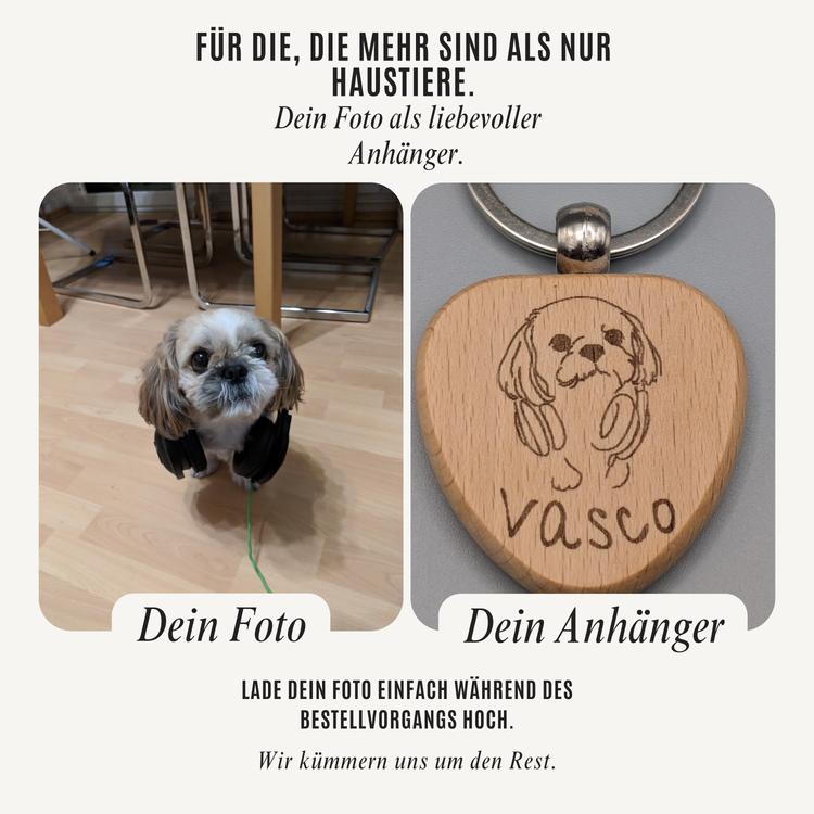Foto Schlüsselanhänger aus Holz personalisiert mit Haustier-Gravur