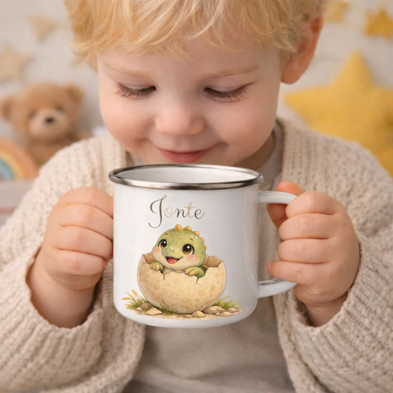 Emaille Namensbecher Dinosaurier fuer Einschulung Geschenk