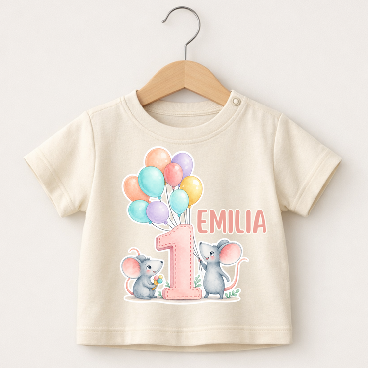 Personalisiertes Baby Geburtstagsshirt Mädchen – 1. Geburtstag Maus & Ballons mit Name | Süßes Geburtstagsshirt
