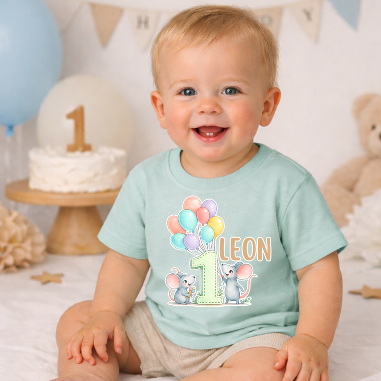 Personalisiertes Baby Shirt 1. Geburtstag Maus mit Ballons – Jungen Geburtstags T-Shirt mit Name