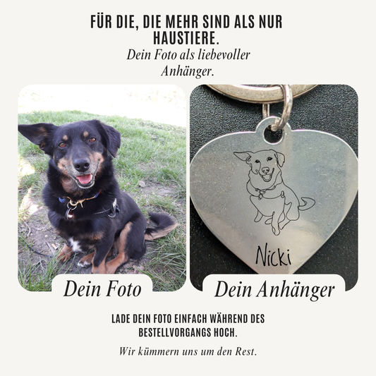 Personalisierter Edelstahl Schlüsselanhänger mit Foto – One Line Art Haustier Gravur