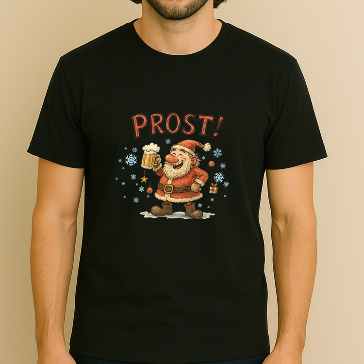 PROST! T-Shirt – Weihnachtsmann mit Bierkrug, lustiges Weihnachts Shirt (Unisex)