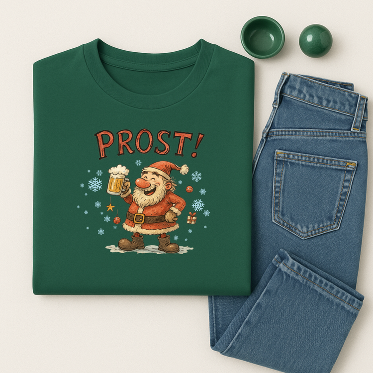 PROST! T-Shirt – Weihnachtsmann mit Bierkrug, lustiges Weihnachts Shirt (Unisex)