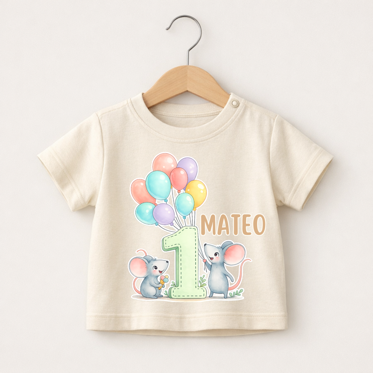 Personalisiertes Baby Shirt 1. Geburtstag Maus mit Ballons – Jungen Geburtstags T-Shirt mit Name
