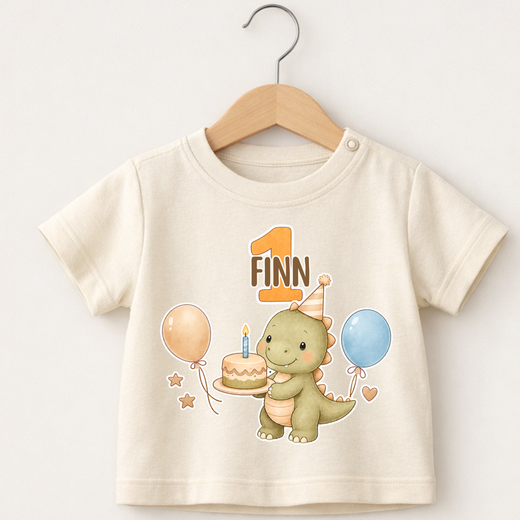 Personalisiertes Baby T-Shirt zum 1. Geburtstag – Dino Motiv mit Name für Jungen