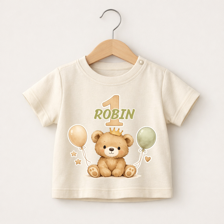 Beiges Baby T-Shirt personalisiert mit Name Robin und Zahl 1, niedlicher Bär mit Krone und Ballons, ideales Geschenk zum 1. Geburtstag