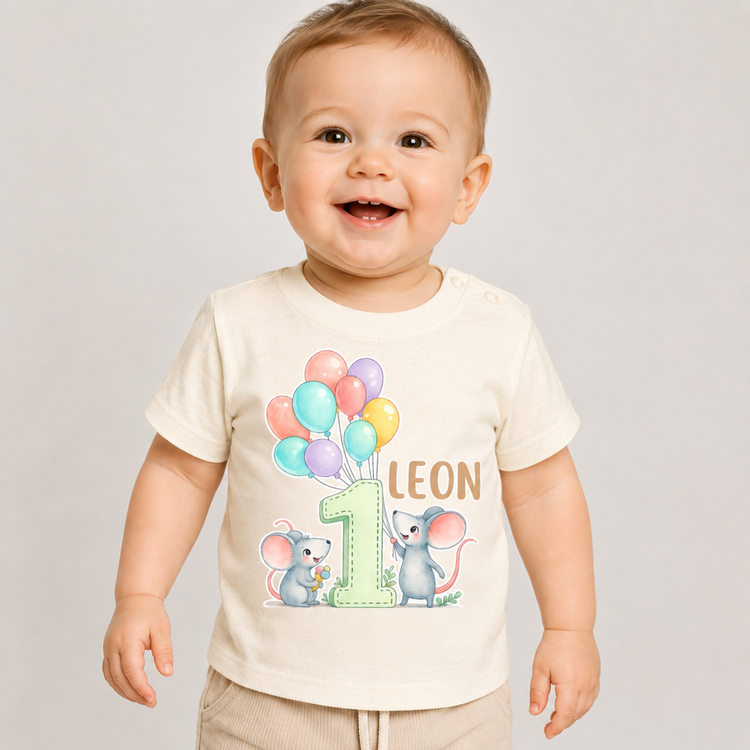 Personalisiertes Baby Shirt 1. Geburtstag Maus mit Ballons – Jungen Geburtstags T-Shirt mit Name