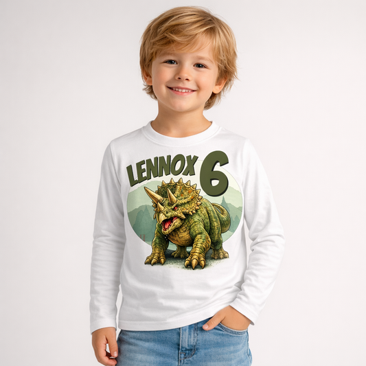 personalisiertes dinosaurier geburtstagsshirt kinder triceratops name alter weiss langarmshirt junge