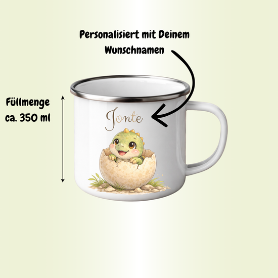 Emaille Kinder Tassen mit Dinosaurier Illustrationen und Wunschnamen, ideales Geschenk zur Einschulung oder Geburtstag