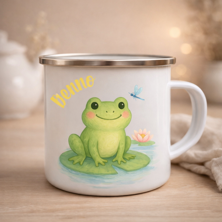 Emaille Tasse personalisiert Benno mit Frosch auf Seerose, verspielter Kinderbecher mit Namen als Geschenk fuer Sommer