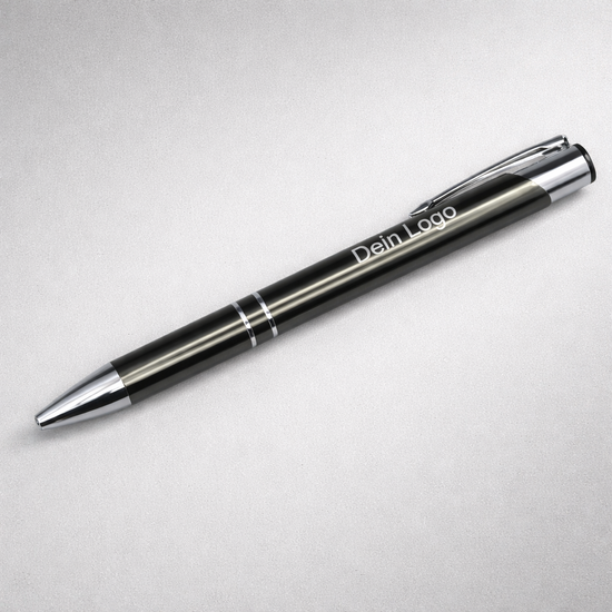 Grauer Kugelschreiber mit individueller Logo Gravur Dein Logo, edler Werbestift aus Metall als personalisiertes Geschenk für Kunden und Mitarbeiter