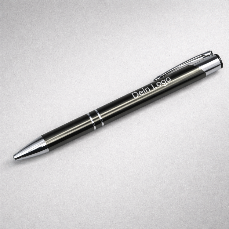 Grauer Kugelschreiber mit individueller Logo Gravur Dein Logo, edler Werbestift aus Metall als personalisiertes Geschenk für Kunden und Mitarbeiter