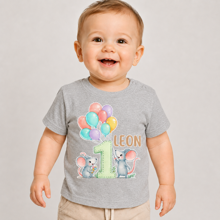 Personalisiertes Baby Shirt 1. Geburtstag Maus mit Ballons – Jungen Geburtstags T-Shirt mit Name