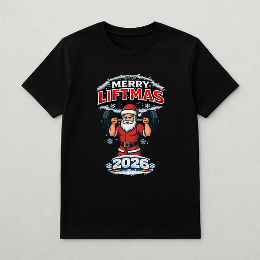 Merry Liftmas 2026 Unisex T-Shirt – Santa Gym Motiv, lustiges Fitness Shirt