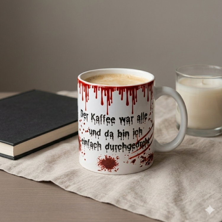 Gefüllte Horror Kaffeetasse mit Kaffee und Blut Design Spruch, gemütliche Szene mit Buch und Kerze, perfekte Geschenkidee für Herbst und Winter