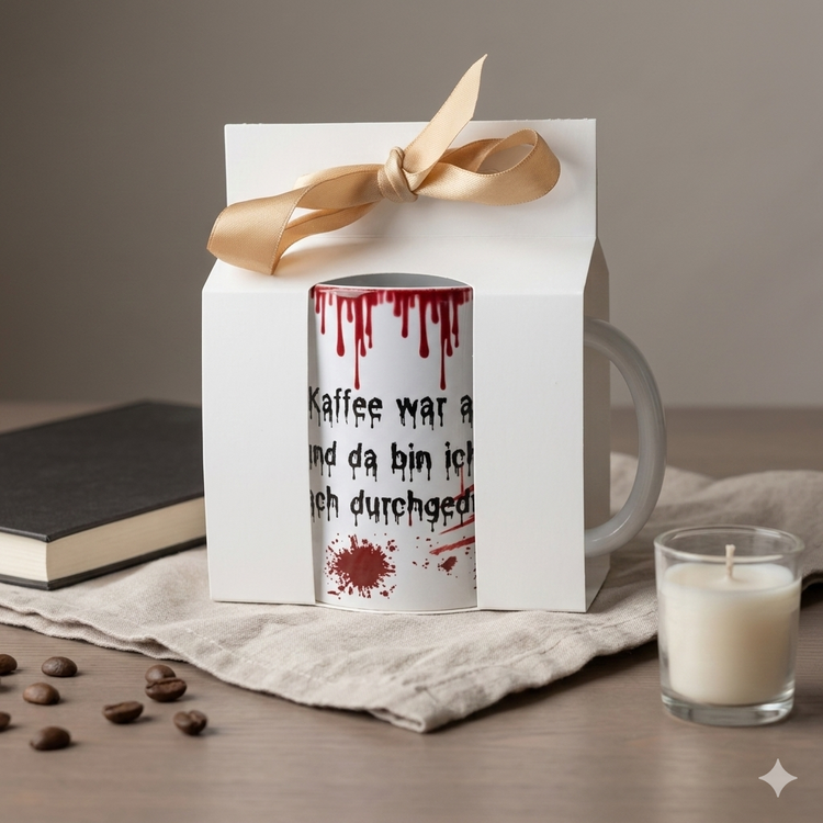 Horror Tasse im Geschenkkarton mit Schleife und Blut Design, stilvoll präsentiert als personalisierte Geschenkidee für Kaffeefans und besondere Anlässe