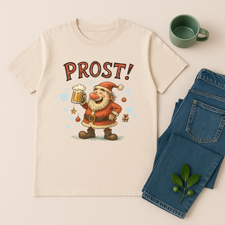 PROST! T-Shirt – Weihnachtsmann mit Bierkrug, lustiges Weihnachts Shirt (Unisex)