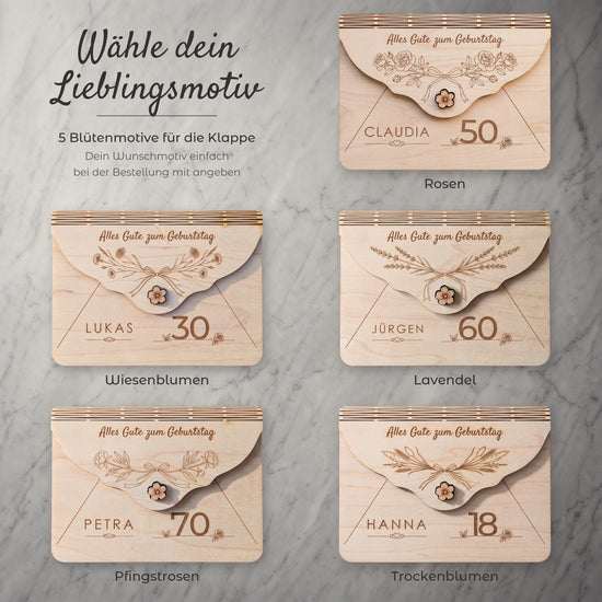 Blütenmotive zur Auswahl für die Klappe: Rosen, Wiesenblumen mit Kornblumen, Lavendel, Pfingstrosen und Trockenblumen mit Ähren. Jeder Umschlag trägt Name, drei Herzen und Zahl – Wunschmotiv bei der Bestellung angeben.