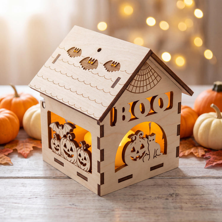Geisterhaus Deko auf einem hellen Holztisch zwischen weißen und orangen Kürbissen und Herbstlaub, Lichterkette im Hintergrund