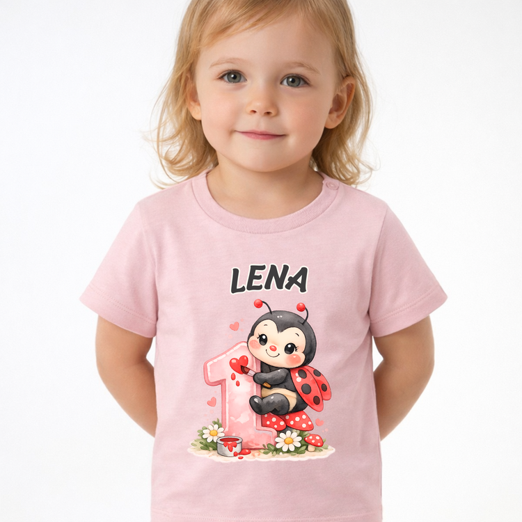 Rosa Mädchen T-Shirt mit Name Lena und liebevollem Marienkäfer Motiv zum 1. Geburtstag, süße Geschenkidee für Baby und Kleinkind Geburtstag