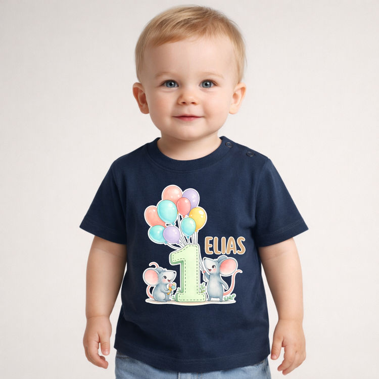 Personalisiertes Baby Shirt 1. Geburtstag Maus mit Ballons – Jungen Geburtstags T-Shirt mit Name