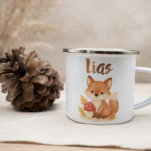 Personalisierte Emaille-Tasse mit Fuchs-Motiv und Namen Elias, Herbst-Deko mit Zapfen, liebevolles Geschenk für Kinder oder Familie