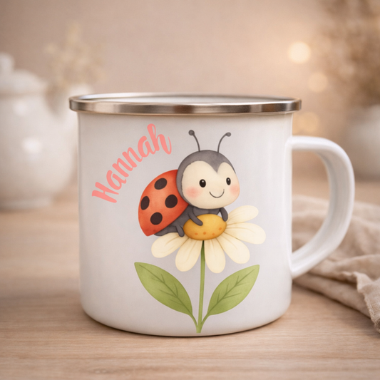 Personalisierte Emaille Tasse Hannah mit Marienkaefer auf Bluete, liebevoller Kinderbecher mit Namen als Geschenkidee fuer Fruehling