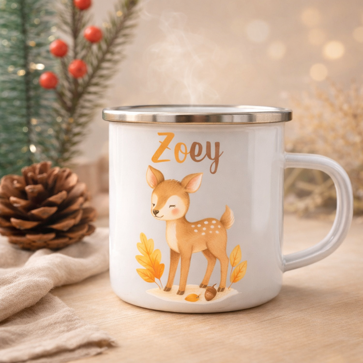 Personalisierte Emaille Tasse Zoey mit Reh und Blaettern, liebevoller Kinderbecher im Herbstlook als Geschenk mit Namen