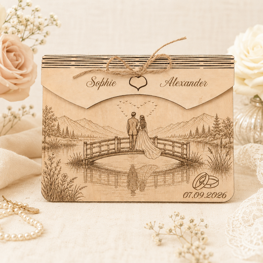 Personalisierter Holz-Geldumschlag zur Hochzeit mit Brautpaar auf Brücke, Bergsee, Namen und Datum als romantische Idee für Geldgeschenke.